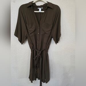 H&M Olive Button-Down Dress with Tie Waist